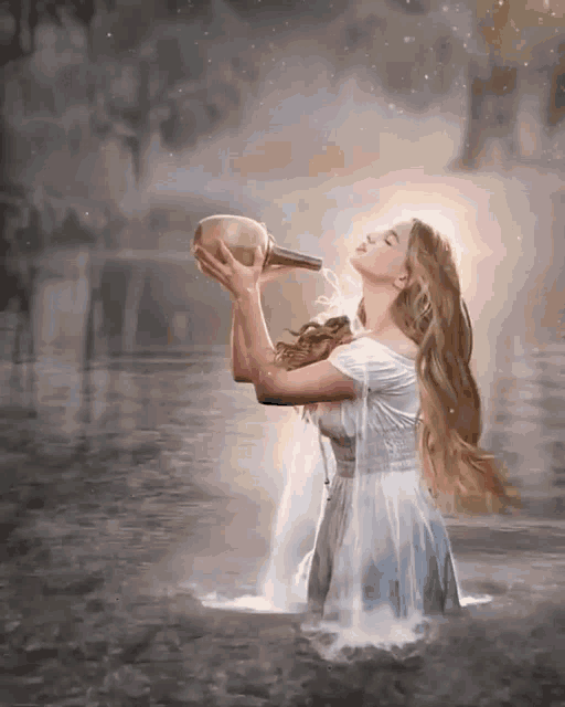 a woman in a white dress is holding a horn in her hand