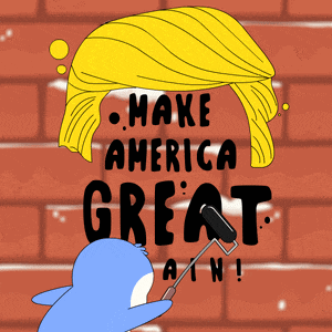 a cartoon drawing of a dolphin painting donald trump 's hair with the words make america great again