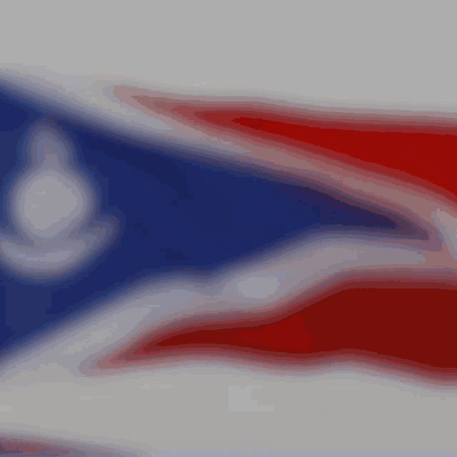 a blurry picture of a red white and blue flag with a white emblem on it