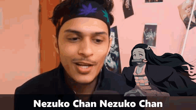 a man is wearing a headband with a marijuana leaf on it and a picture of nezuko chan