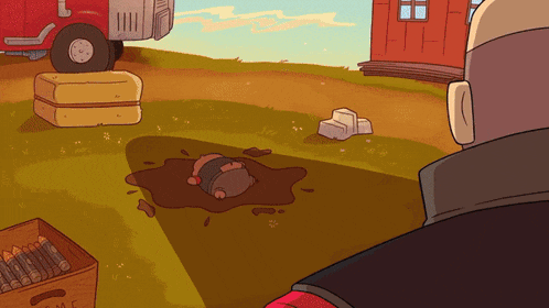 a cartoon drawing of a person laying in a puddle with a truck in the background