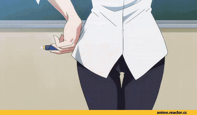 a girl is holding a pencil behind her back in front of a chalkboard