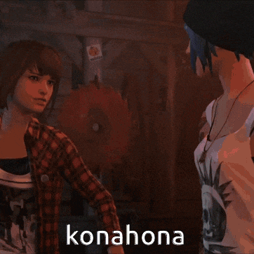 two girls are standing next to each other and the word konahona is on the bottom right