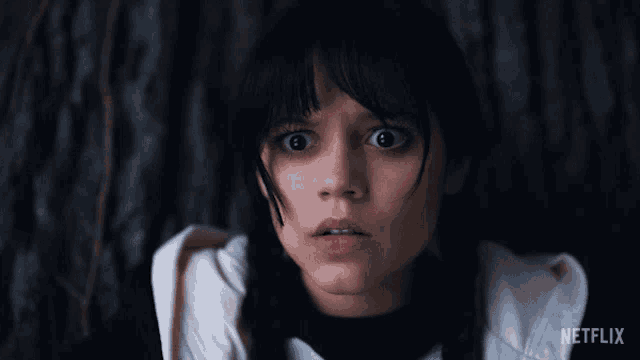 a close up of a woman 's face with the netflix logo visible