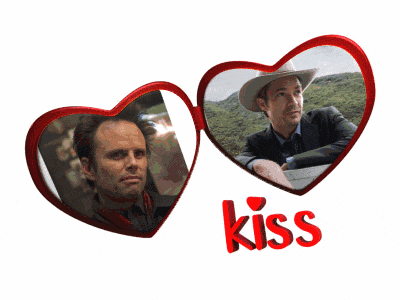 a picture of two men in hearts with the word kiss below them