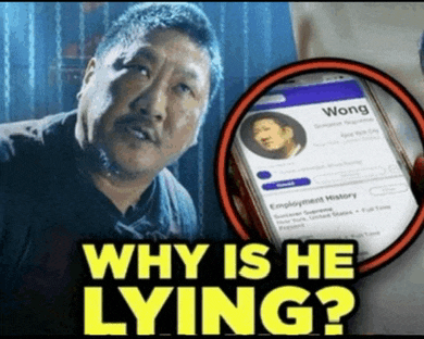a picture of a man and a phone with why is he lying written on it