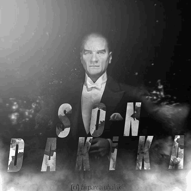 a black and white photo of a man in a tuxedo with the words son daki ka written on it