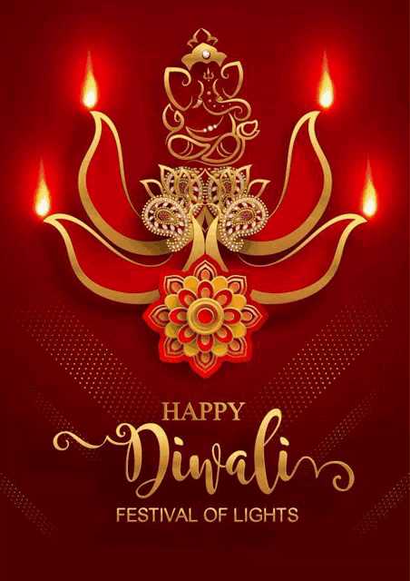 a happy diwali festival of lights greeting card with a lotus and candles