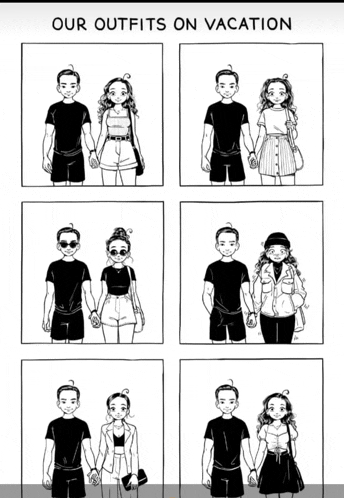 a black and white drawing of a man and a woman holding hands on vacation