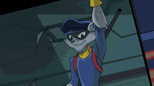 a cartoon of a raccoon wearing a mask and holding a sword