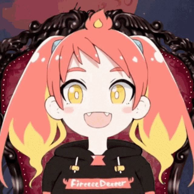a cartoon girl wearing a hoodie that says fireeee deerer