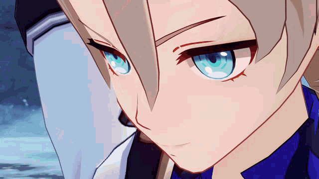 a close up of a character 's face with blue eyes