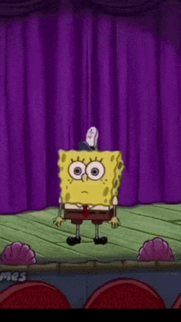 a cartoon of spongebob standing on a stage with a purple curtain