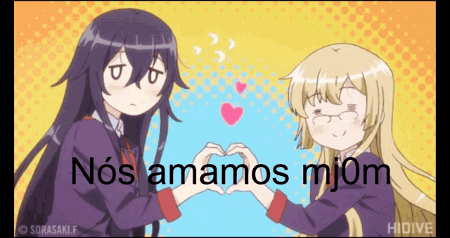 two anime girls are making a heart shape with their hands and the words nos amamos mjom