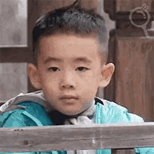 a young boy is sitting behind a wooden fence and looking at the camera .