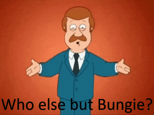 a cartoon of a man with a mustache is asking who else but bungie