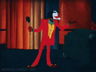 a cartoon of a clown holding a microphone with the website p3ns1v3.tumblr.com below