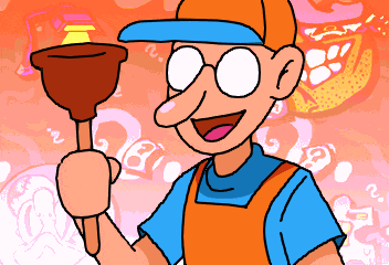 a cartoon of a man holding a plunger with a pink background