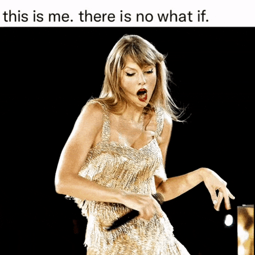 a woman in a gold dress is singing into a microphone with a caption that says " this is me there is no what if "