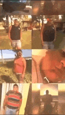 a collage of images of a man standing in a park
