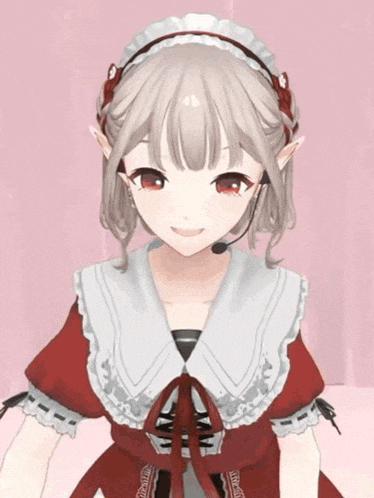 a girl in a maid costume is pointing at the camera