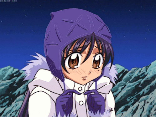 a cartoon girl wearing a purple hat and gloves with the hashtag mothotmiso at the bottom