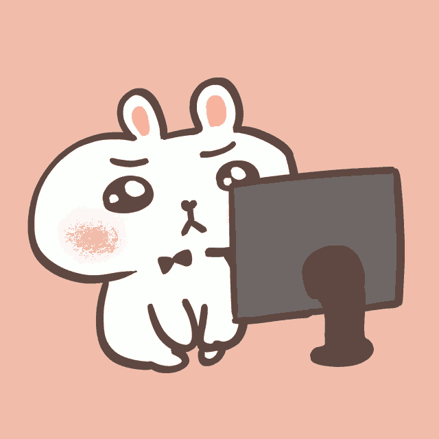 a cartoon drawing of a bunny looking at a computer screen