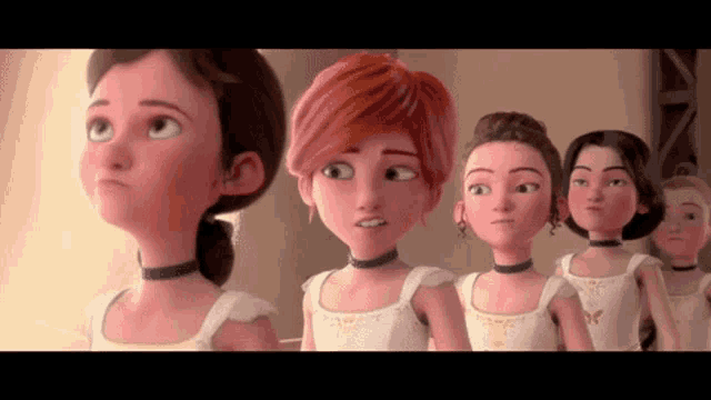 a group of cartoon girls are standing next to each other and looking up