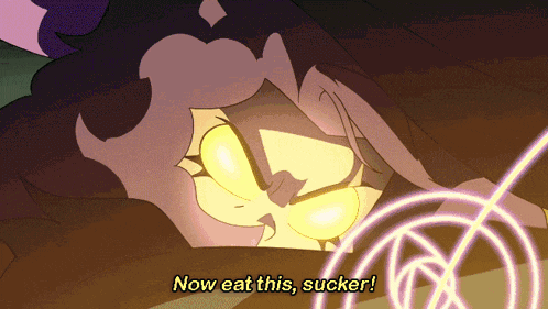 a cartoon character says " now eat this sucker " in yellow letters