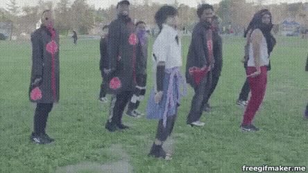 a group of people are standing in a field dancing .