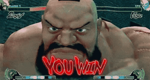 a video game screen shows a man with a beard and the words you win in red letters