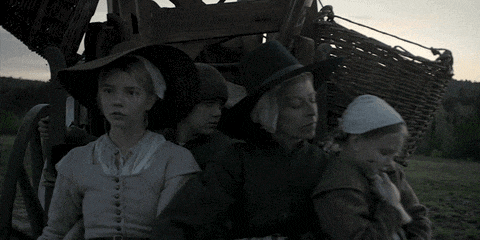 a group of people are sitting on a wagon in a field with trees in the background