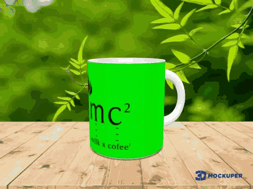 a green mug that says ' mc2 ' on it