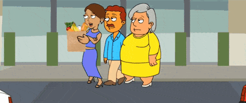a cartoon of three people walking down a street