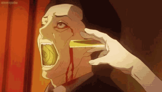 a cartoon of a man with blood coming out of his mouth holding a yellow object in his mouth