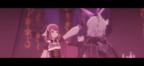 a group of anime characters are standing in a dark room .