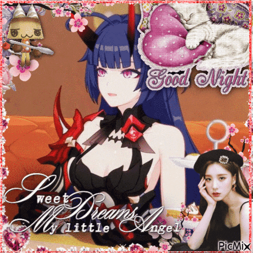 a picture of a girl with horns and the words " good night my little angel "