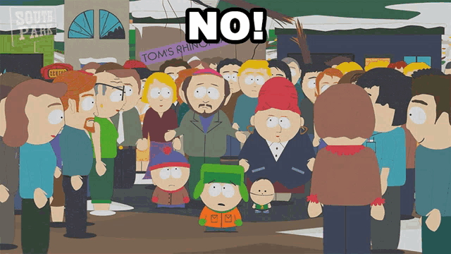 a group of people standing in front of a sign that says " no "