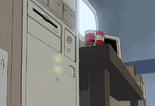 a cartoon drawing of a computer tower and a can of soda that says jo on it