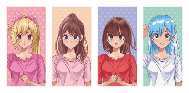 four anime girls with different hair colors are lined up in a row