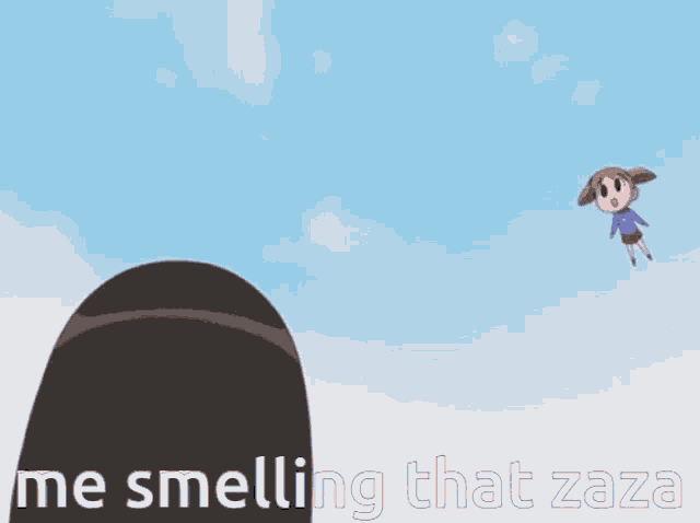 a cartoon girl is flying through the air with the words me smelling that zaza below her