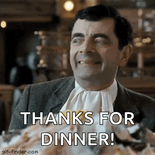 mr bean says thanks for dinner while eating a meal
