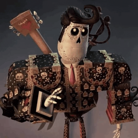 a cartoon character is holding a guitar and a picture frame .