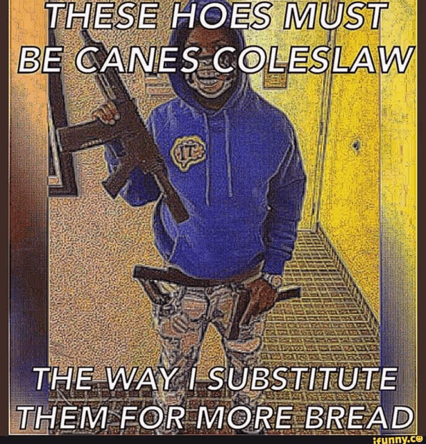 a man in a blue hoodie is holding a gun and a knife .
