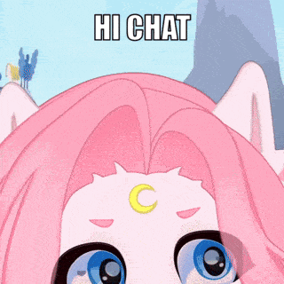 a cartoon character with pink hair and blue eyes says hi chat