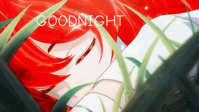 a girl with red hair is laying in the grass and the words goodnight are visible