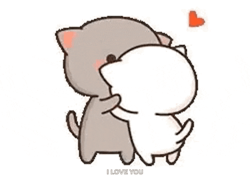 a couple of cats are standing next to each other and hugging each other .