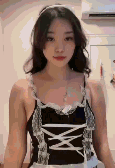 a woman in a maid costume is standing in front of a refrigerator and air conditioner .