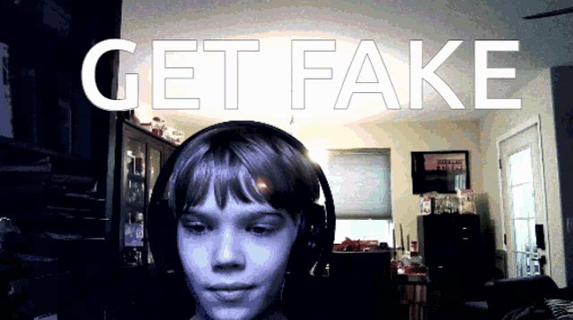 a young boy wearing headphones with the words get fake written above him
