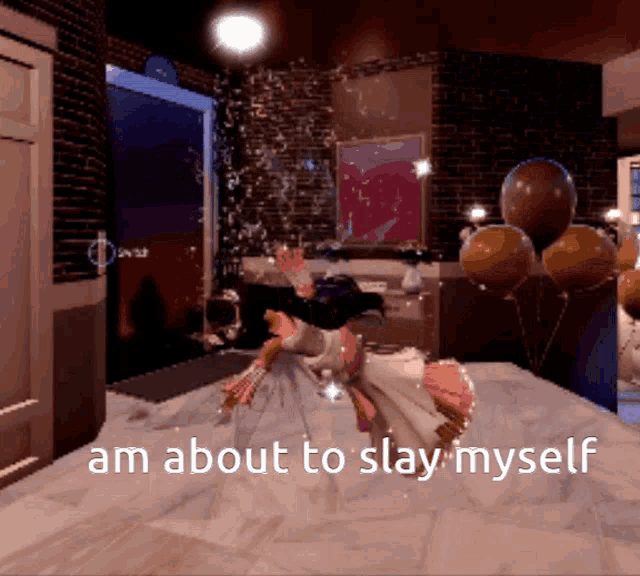 a girl in a white dress is laying on a bed with the words am about to slay myself